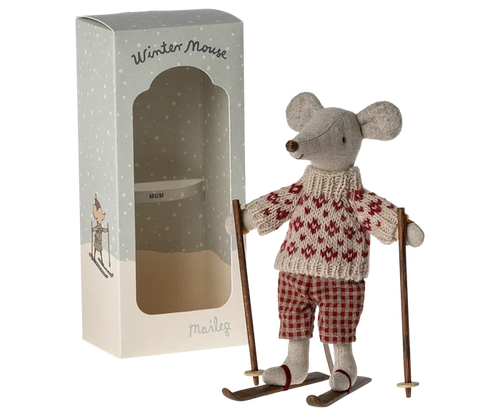 Maileg Winter Mouse Ski Mum — linen mouse doll in a red Fair Isle knit sweater and red gingham pants, standing on wooden skis with poles, shown next to its Maileg gift box
