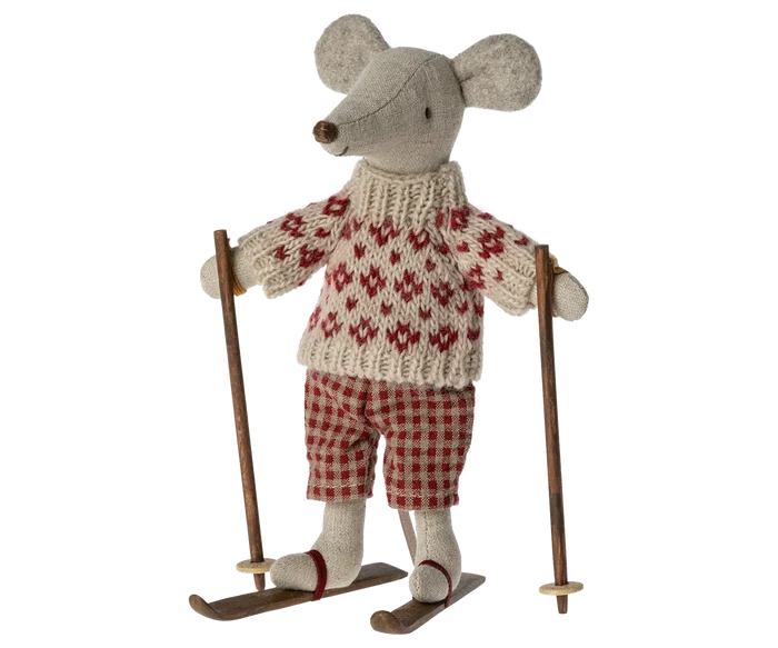 Maileg Winter Mouse Ski Mum — full front view of linen mouse doll in cream and red Fair Isle knit sweater, red gingham pants, white boots, and wooden skis with poles