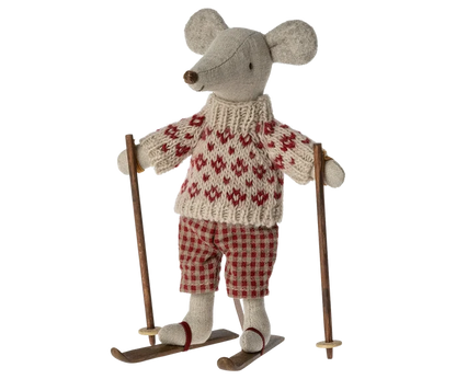 Maileg Winter Mouse Ski Mum — full front view of linen mouse doll in cream and red Fair Isle knit sweater, red gingham pants, white boots, and wooden skis with poles