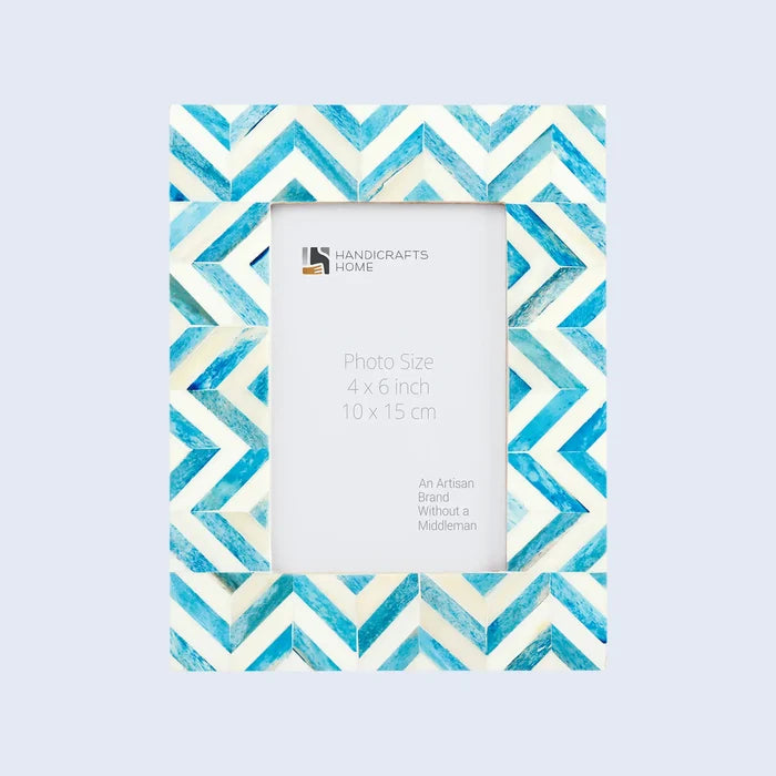 Handmade Zigzag Bone Inlay Picture Frame - Herringbone - 4x4 4x6 Turquoise White, for tabletop or wall display