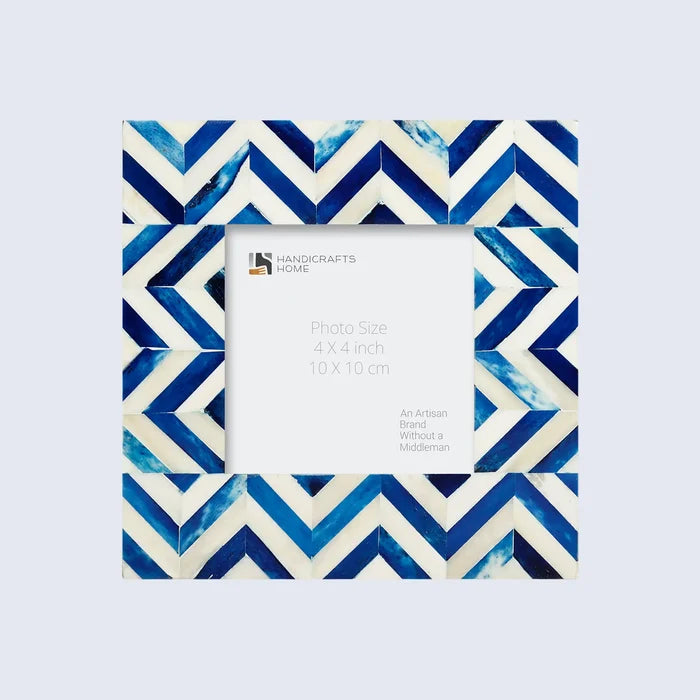 Handmade Picture Frame Zigzag Herringbone Collection Bone Inlay Blue & White – 4x6", for tabletop or wall display