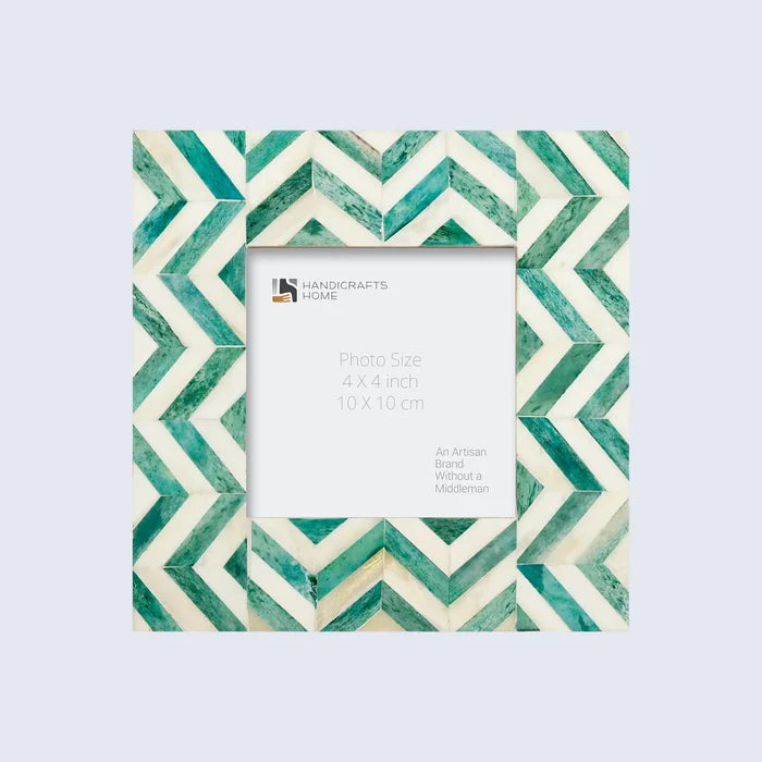 Handmade Zigzag Bone Inlay Picture Frame - Herringbone - 4x4Green White, for tabletop or wall display