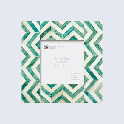 Handmade Zigzag Bone Inlay Picture Frame - Herringbone - 4x4Green White, for tabletop or wall display